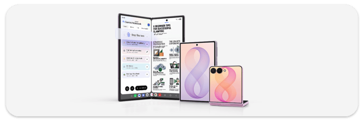Three Samsung foldable devices: a book-style foldable open to show two apps side by side, a second foldable closed, and a flip-style phone standing half-folded