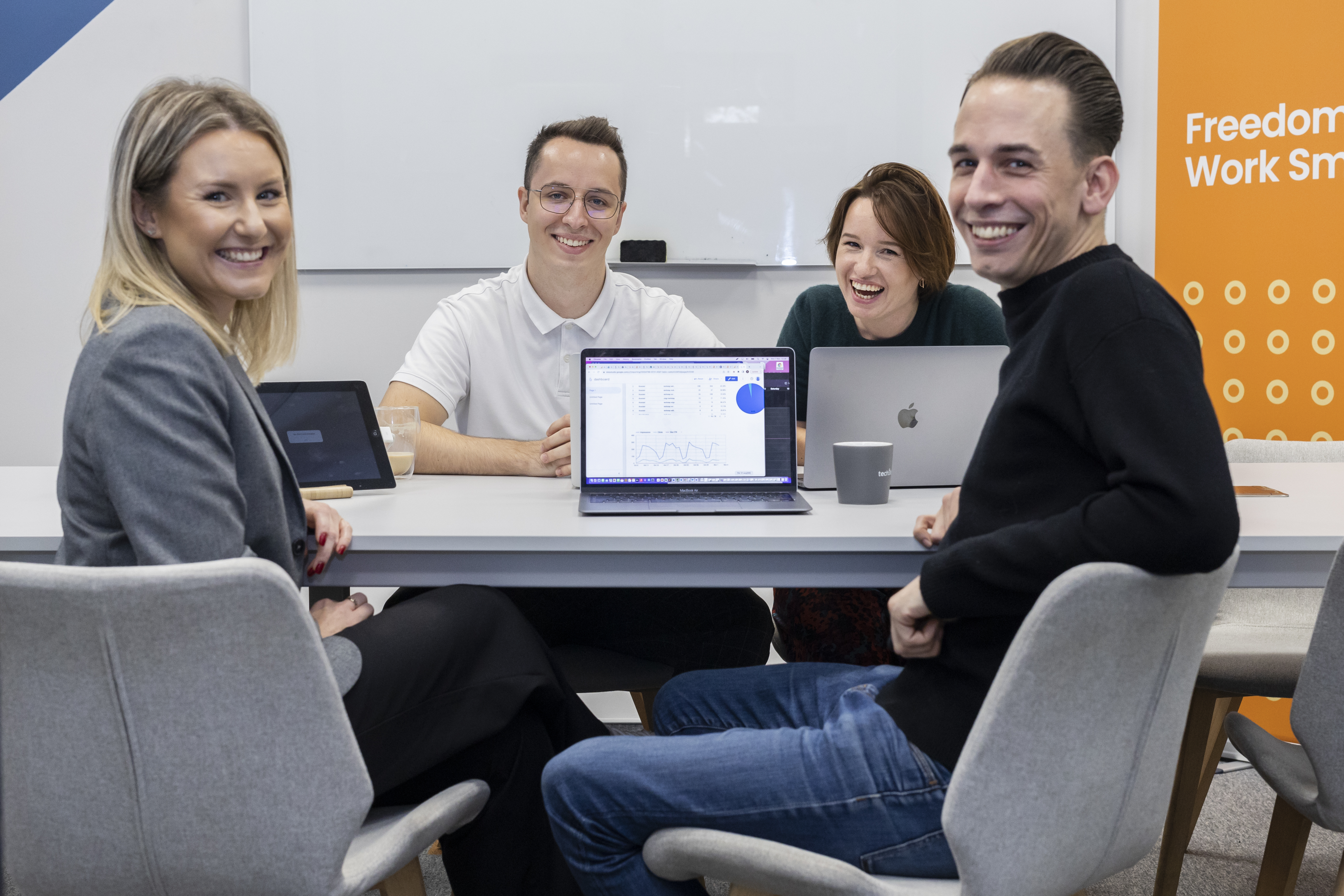 Pawel Lesniewski, Monika Siewor, Oskar Markiewicz, Marta Kusinska, office, employee, man, woman, group, techstep, poland, macbook, laptop